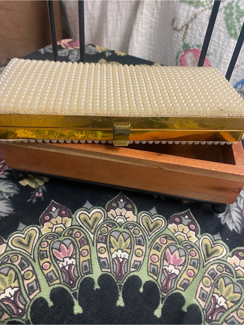 Vintage Pearl Tone Beaded Clutch with Gold Trim